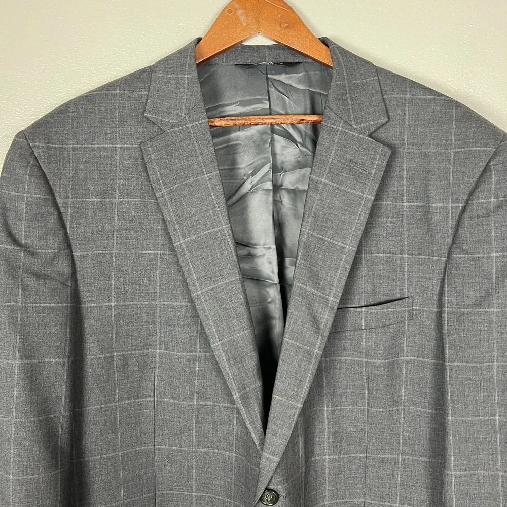 Jos A Bank Executive Sport Coat Suit Jacket Men 46R Gray Windowpane Wool Classic